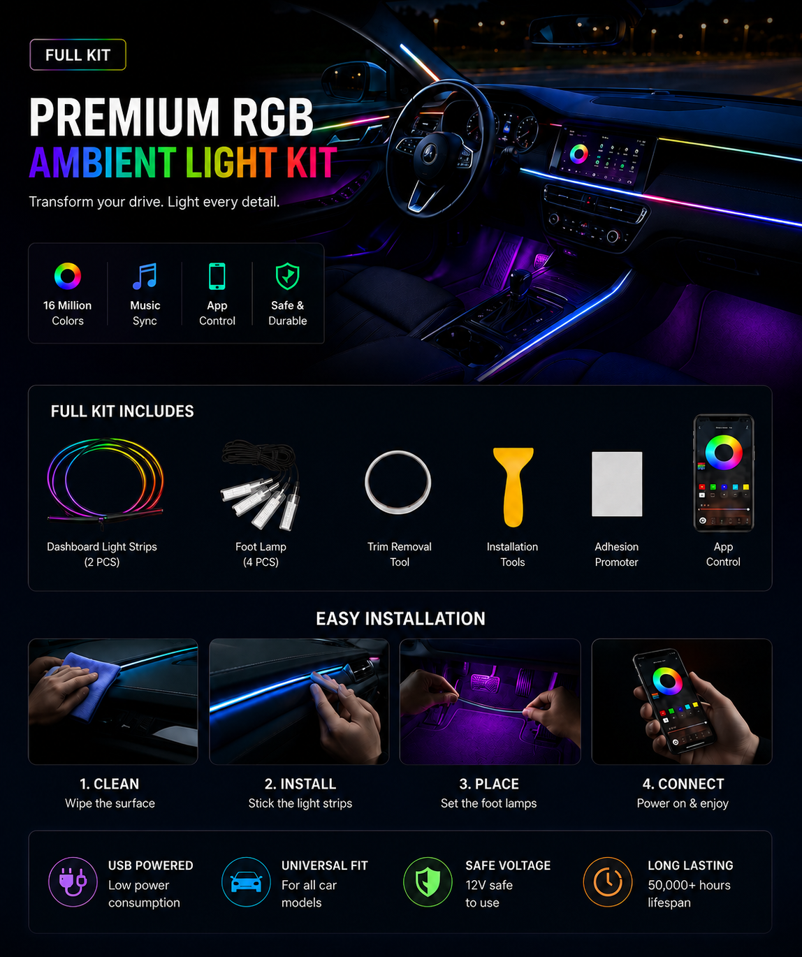 Premium USB RGB Dashboard & Footwell Ambient Lighting Kit